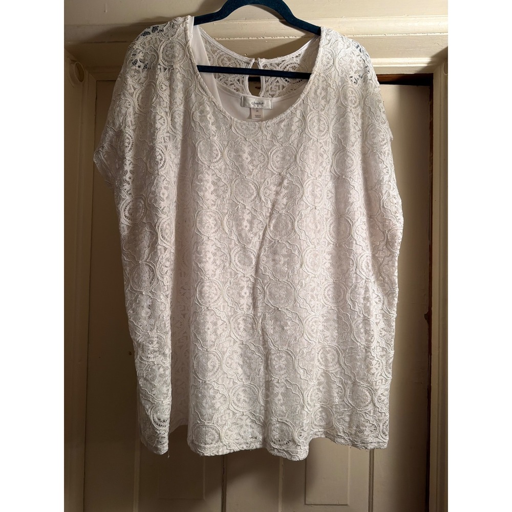 CJ Banks Womens 2X White Floral Lace Short Sleeve Keyhole Back Blouse Top